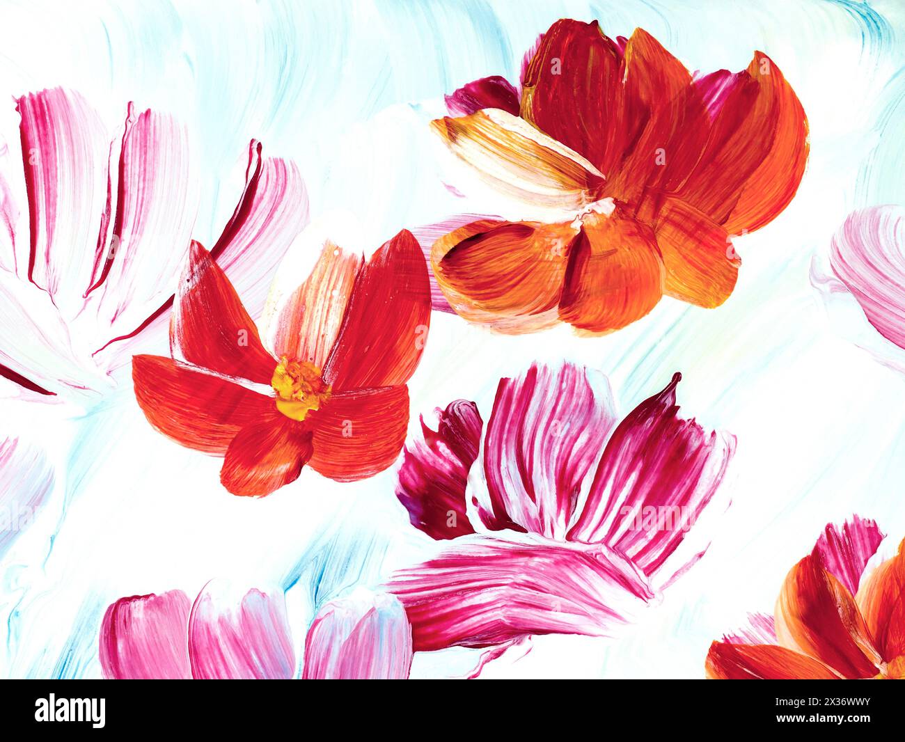 Fleurs abstraites rouges, original dessiné à la main, style impressionniste, texture de couleur, coups de pinceau de peinture acrylique, fond d'art. Moderne Banque D'Images
