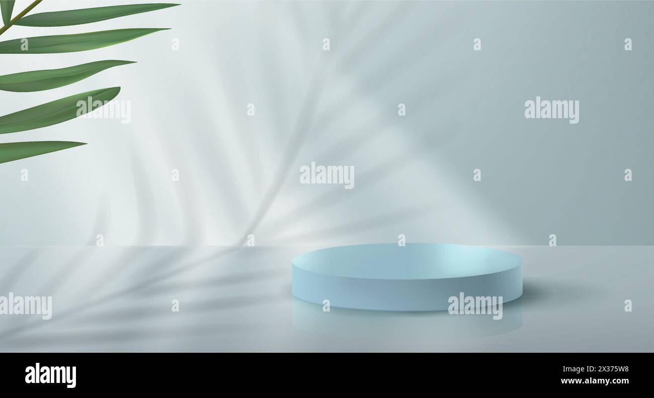 Fond abstrait vectoriel avec des formes géométriques et des feuilles de palmier dans un style minimaliste sur un fond blanc. Cylindre avec podium vide, maquette pour Illustration de Vecteur