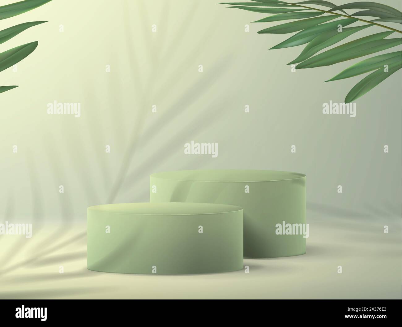 Fond avec un piédestal vide pour la démonstration du produit dans un style minimaliste dans les tons de vert avec des branches de palmier. Bannière réaliste pour advertis Illustration de Vecteur