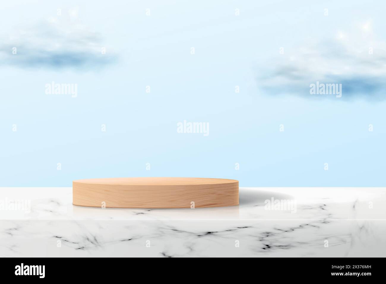 Fond abstrait avec plate-forme en bois vide sur surface en marbre. Podium réaliste avec des nuages sur le fond pour la démonstration de cosmétiques pr Illustration de Vecteur