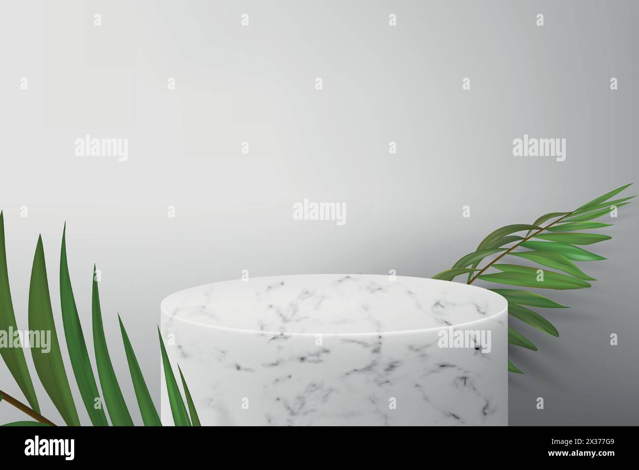 Podium en marbre blanc pour la démonstration du produit. Fond gris avec des feuilles de palmier vertes et un piédestal vide pour afficher les cosmétiques. Disposition réaliste Illustration de Vecteur