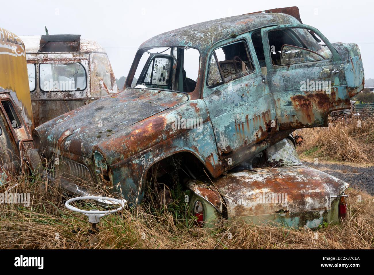 Voiture Ford Prefect abandonnée à la déchirure de 'Crash Palace', Horopito, Waimarino, Île du Nord, Nouvelle-Zélande Banque D'Images