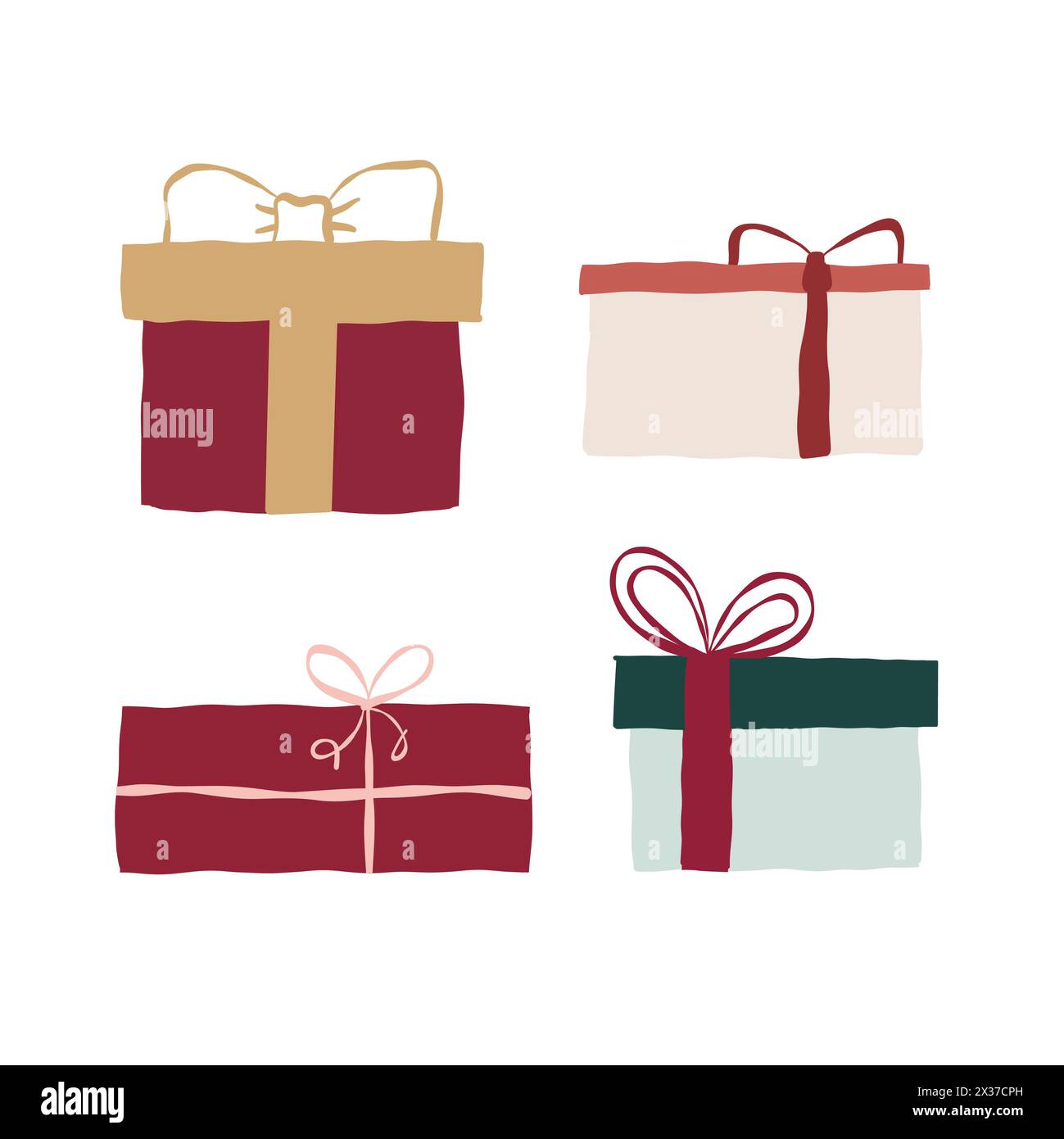 Ensemble de différents cadeaux de Noël avec des noeuds. Cadeaux. Collection isolée sur fond blanc. Enveloppé coloré. Icônes vectorielles pour anniversaire, nouvel an, C. Banque D'Images
