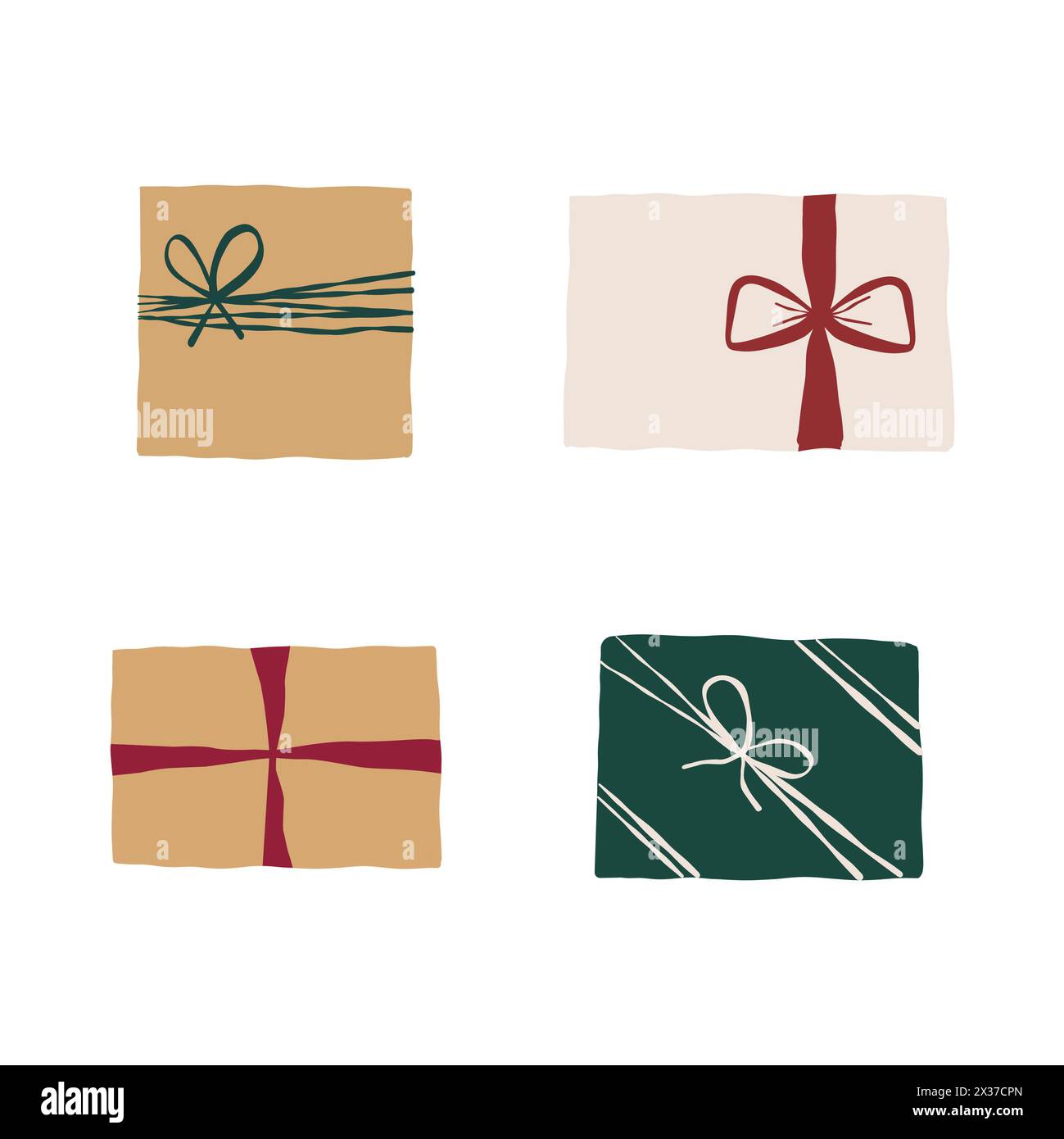 Ensemble de différents cadeaux de Noël avec des noeuds, ruban et. Cadeaux. Vue de dessus Collection isolé sur fond blanc. Enveloppé coloré. Icônes vectorielles pour Banque D'Images