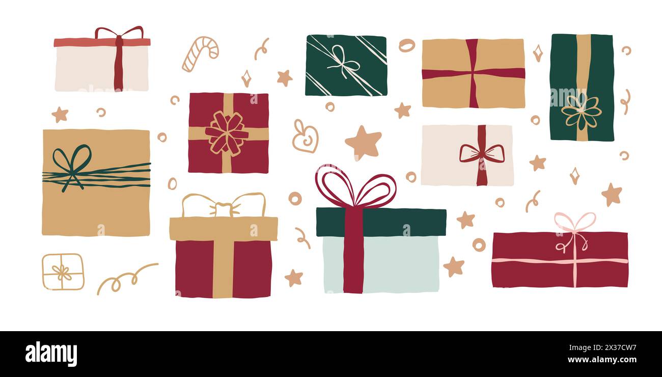 Ensemble de différents cadeaux de Noël. Cadeaux. collection isolée sur blanc. Enveloppé coloré. Icônes vectorielles pour anniversaire, nouvel an, Noël, mariage. Banque D'Images