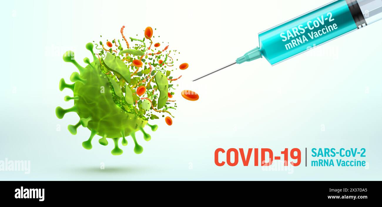 Destruction du virus et seringue de vaccin ARNm SARS-COV-2.Corona virus SARS COV 2,2019 concept de destruction du virus nCoV.vaccin COVID-19 contre le coronavirus Illustration de Vecteur