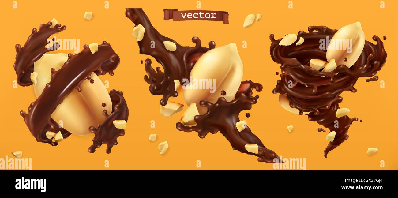 Noix d'arachide et éclaboussures de chocolat. vecteur réaliste 3d. Illustration de Vecteur