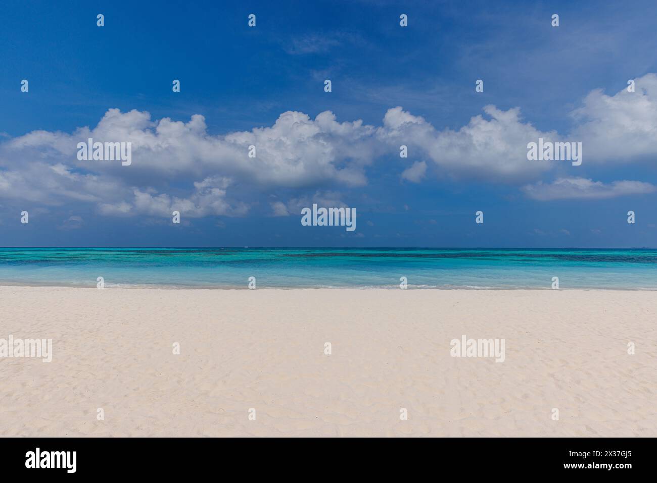 Fond de plage d'été. Sable et mer et ciel. Vue sur la mer depuis la plage tropicale avec le ciel ensoleillé. Plage tropicale de sable blanc et papier peint doux de lumière du soleil Banque D'Images