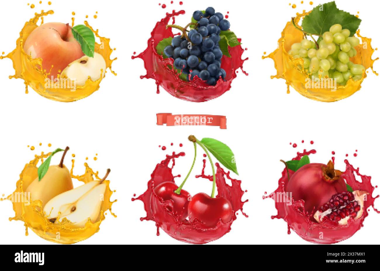 Pomme, raisin, poire, cerise, jus de grenade. Fruits frais et éclaboussures, jeu d'icônes vectorielles réalistes 3D. Illustration de Vecteur