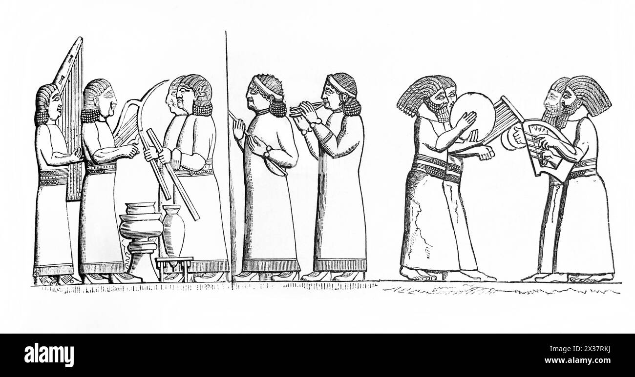 Gravure sur bois de musiciens d'un Bas-relief assyrien au Palais d'Assurbanipal à Ninive de la Bible de famille illustrée du XIXe siècle Banque D'Images