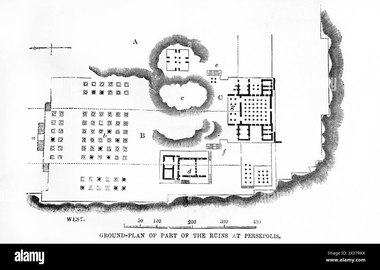 Plan de terrain d'une partie des ruines de Persépolis Iran dans la Bible de la famille illustrée du XIXe siècle Banque D'Images