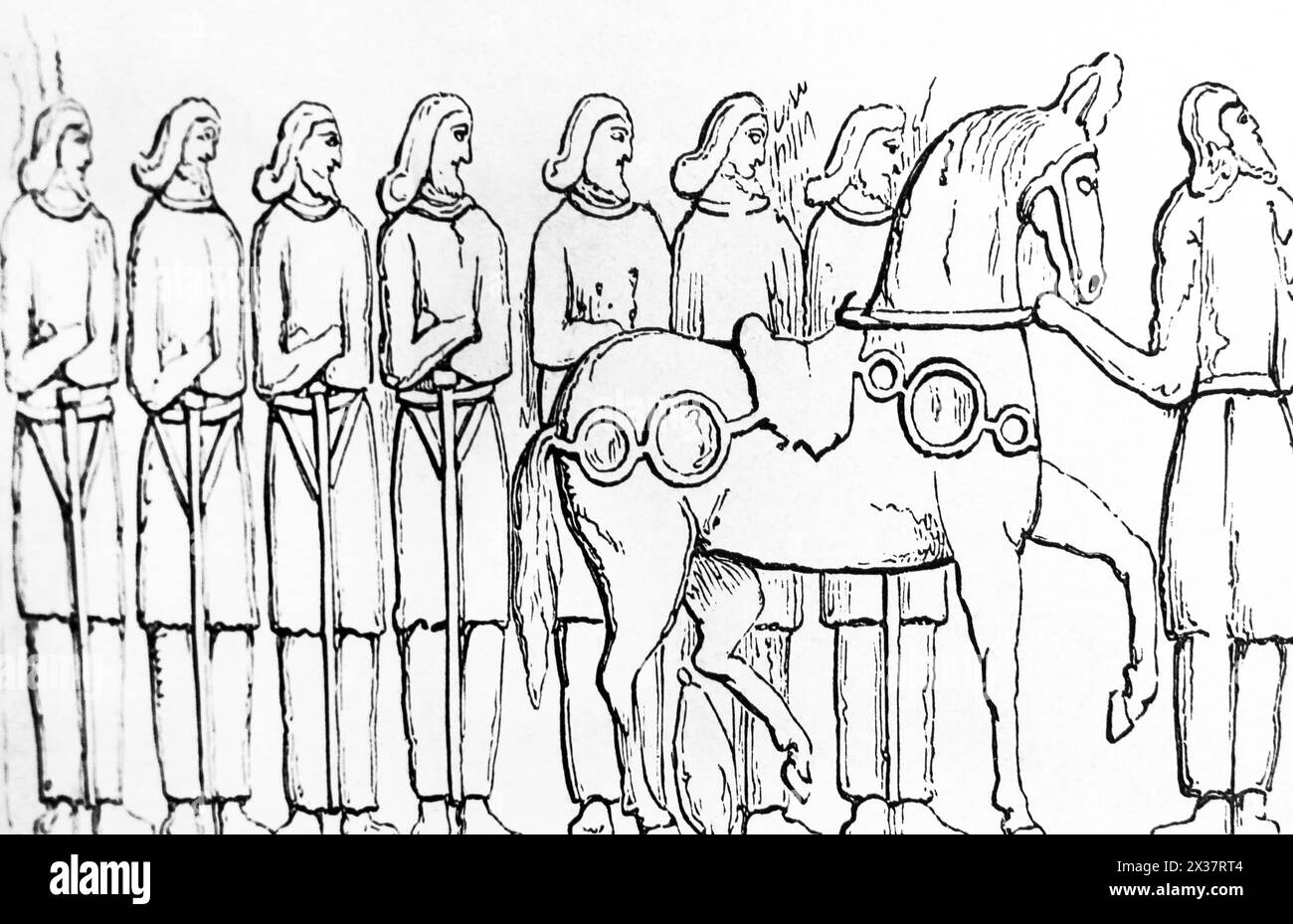 Gravure sur bois du cheval du Roi - du Bas relief sassanien représentant la victoire du Roi Shapur II et des soldats par son cheval inBishapur Iran à partir du 19e. Banque D'Images