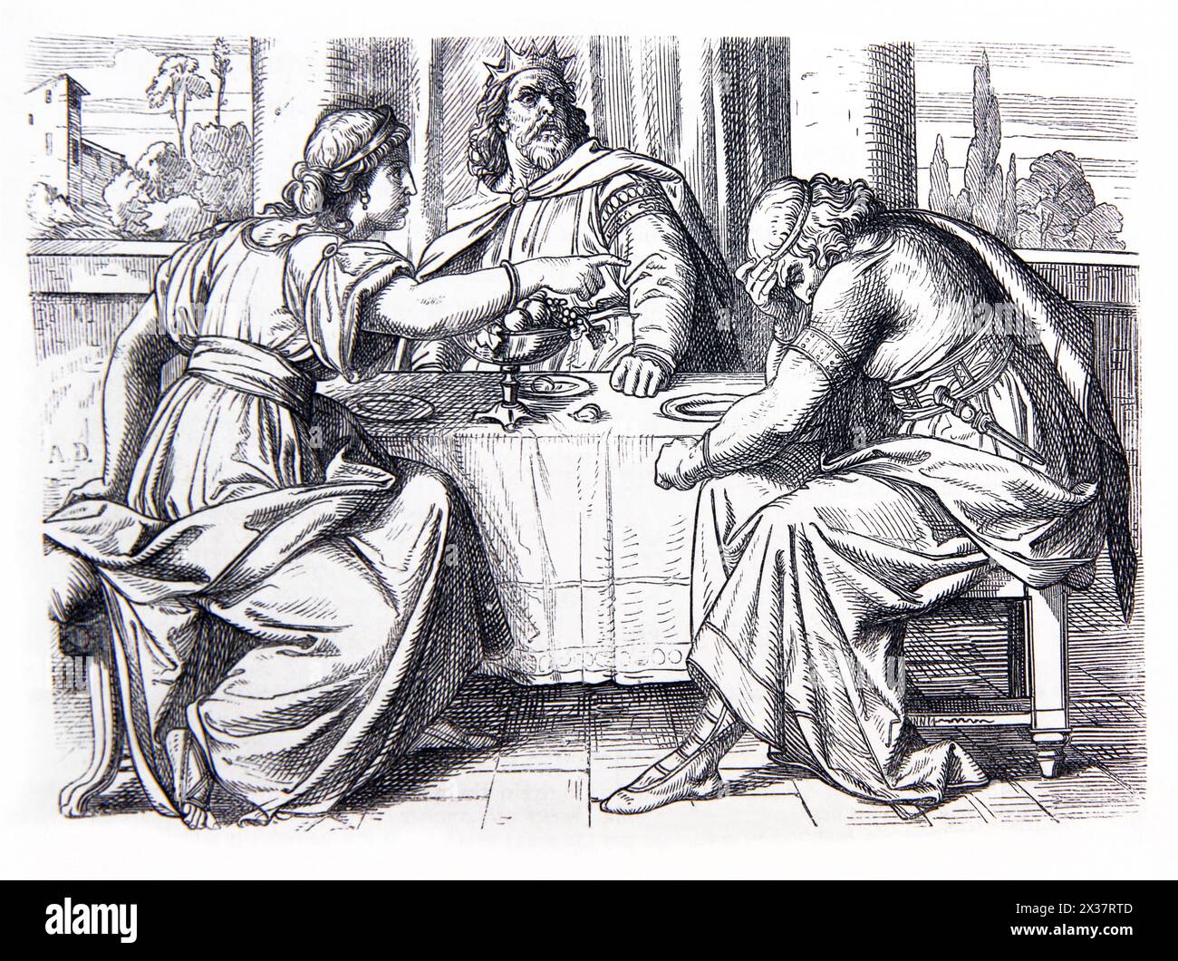 Histoire de la Bible 'et Esther a dit , l'adversaire et l'ennemi est le méchant Haman' lors de son deuxième banquet, la reine Esther a supplié le roi Assuérus de sauver Banque D'Images