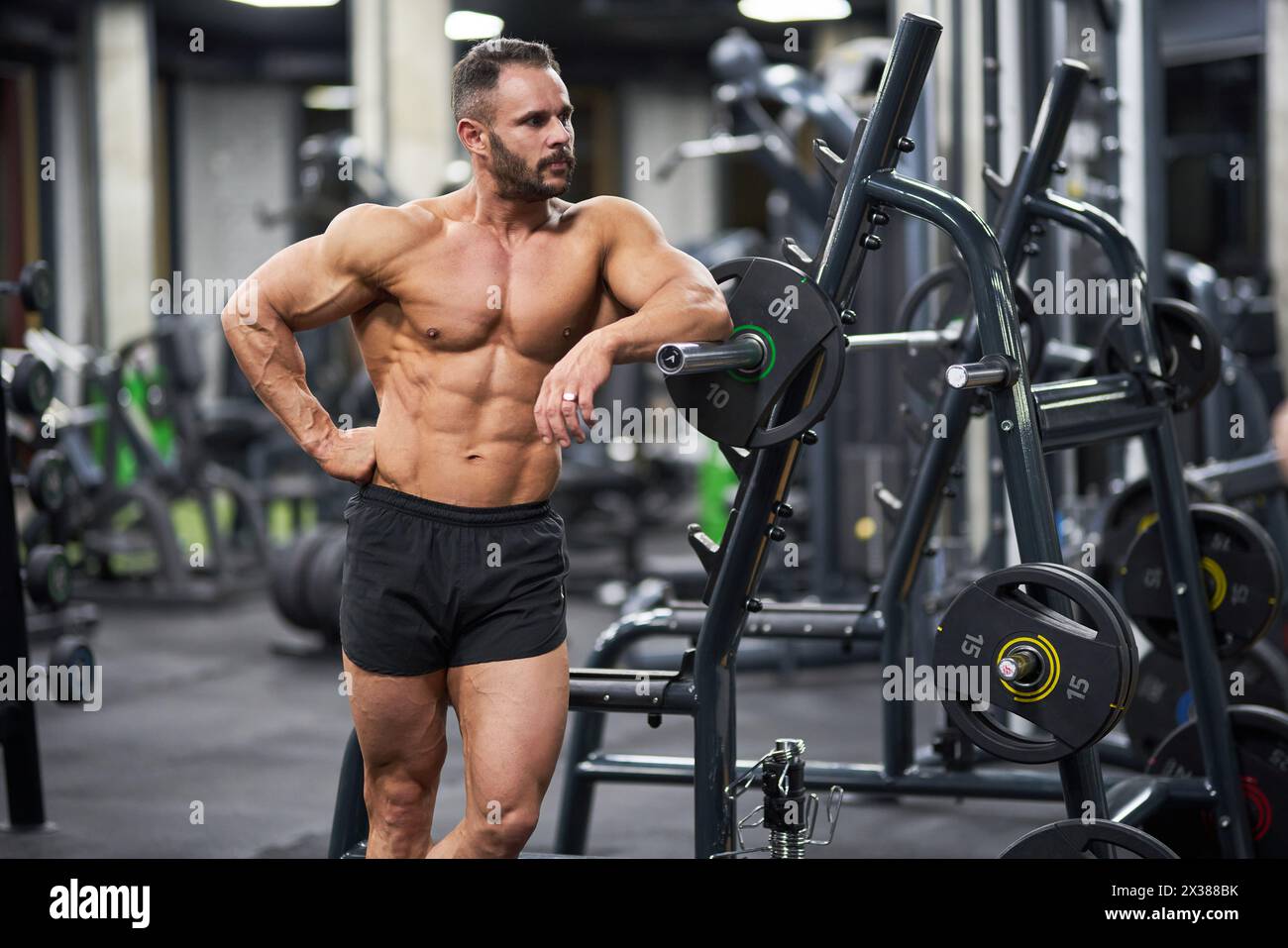 Sportif sans torse confiant s'appuyant sur un appareil d'entraînement, ayant du repos après l'entraînement. Vue de face d'un gars fort regardant loin, tout en faisant de l'exercice en gy Banque D'Images Sportif sans torse confiant s'appuyant sur un appareil d'entraînement, ayant du repos après l'entraînement. Vue de face d'un gars fort regardant loin, tout en faisant de l'exercice en gy Banque D'Images