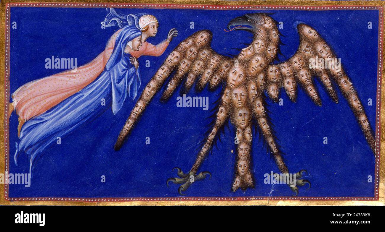 Divine Comedy, Paradiso 34 : Dante et Béatrice devant l'aigle de la justice (1444-50) British Library Giovanni di Paolo enluminé manuscrit Banque D'Images