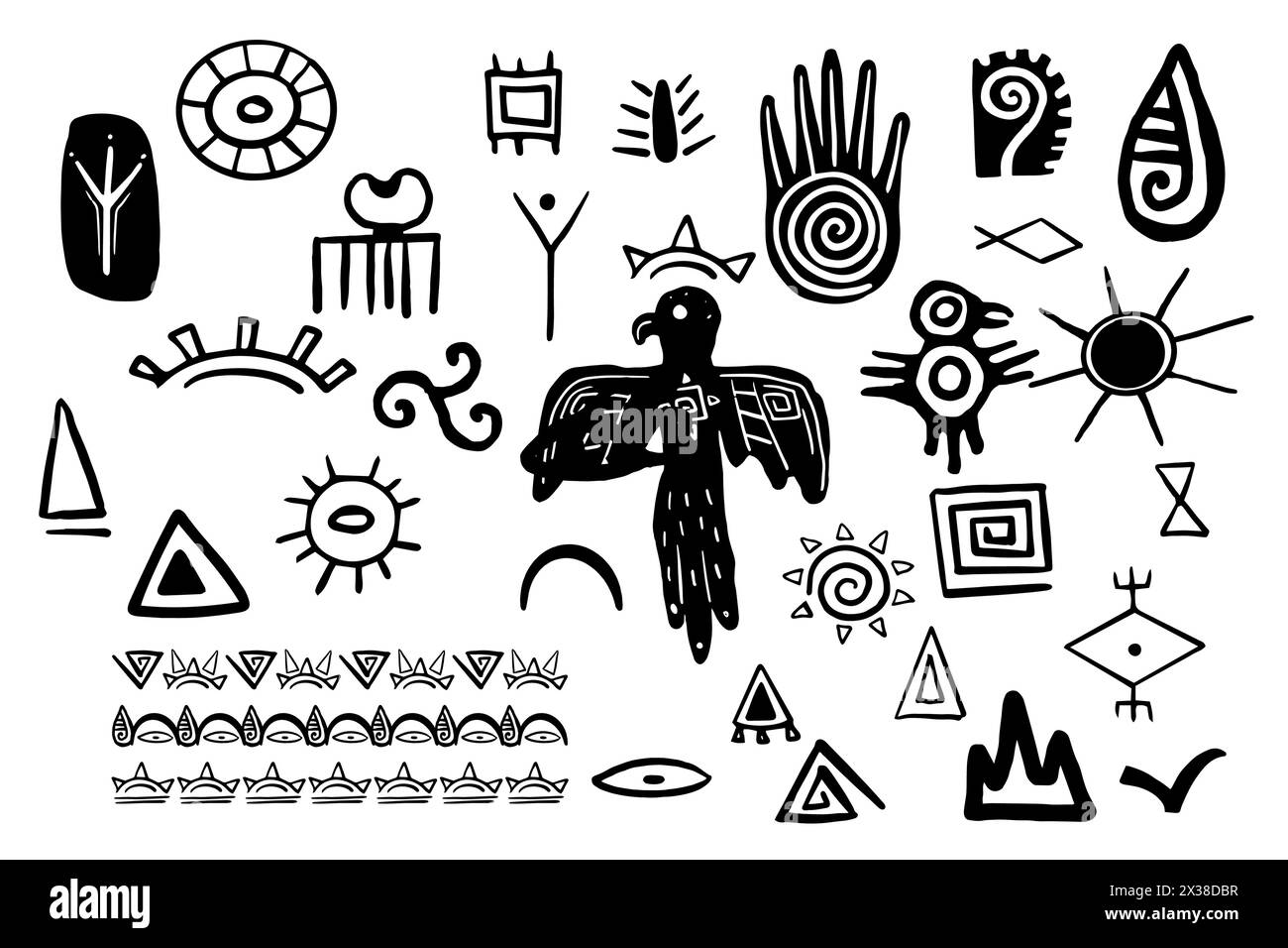 Tibal éléments aztèques primitifs traditionnels style doodle, imprimé indigène mexicain, symboles torems de collection isolés sur fond blanc. Illustration vectorielle Illustration de Vecteur