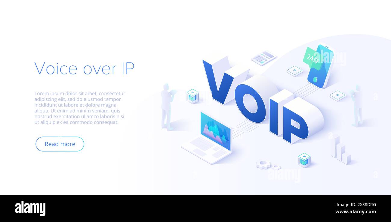 Illustration du concept vectoriel isométrique VoIP. Connaissances techniques de voix sur IP ou de protocole Internet. Logiciel d'appel téléphonique réseau. Temp. De mise en page du site Web Illustration de Vecteur