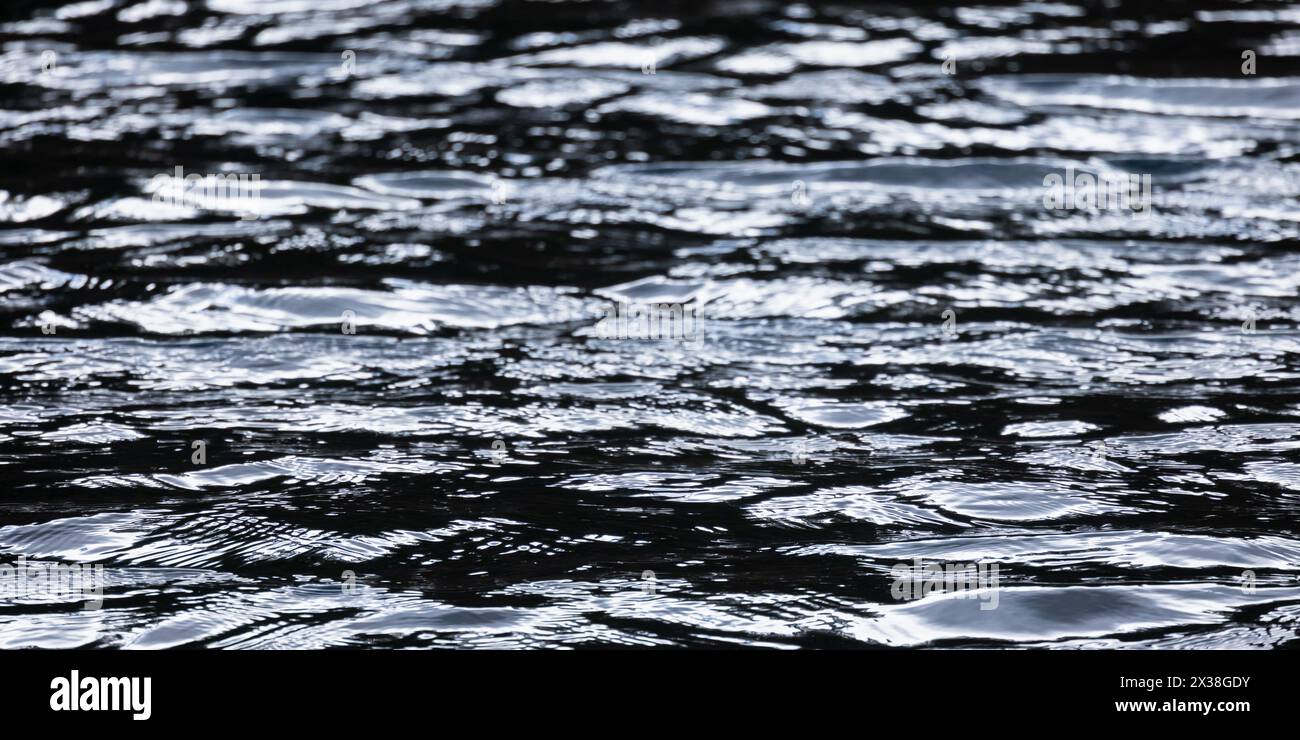 Motif d'ondulation sur la surface de l'eau noire brillante, fond abstrait naturel, texture de photo panoramique Banque D'Images