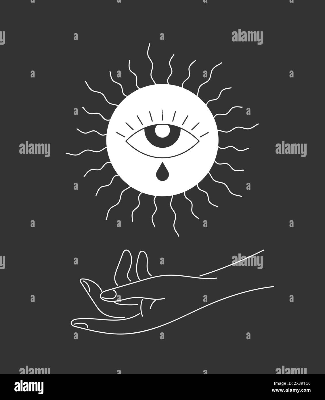 Œil céleste ésotérique en signe de soleil solstice d'été léviter sur la main de la femme. Symbole linéaire de vacances d'équinoxe de spiritualité. Logo de contour de tatouage mystique. Logotype eps de vecteur de style d'été bohémien Illustration de Vecteur