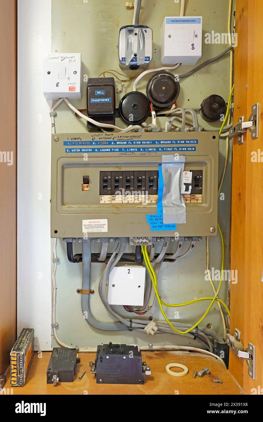 Disjoncteur panneau de fusible domestique par Crabtree installé dans la nouvelle maison en 1965 et beaucoup ajouté à marqué par l'électricien avant de remplacer l'Angleterre au Royaume-Uni Banque D'Images