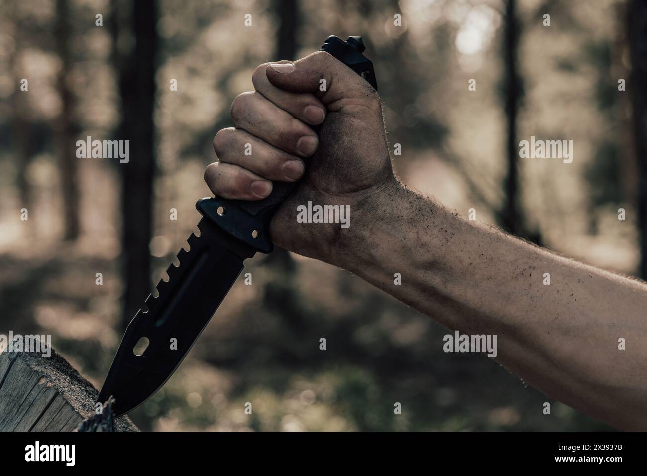 Homme de main avec couteau de chasse pour la survie dans la forêt. Concept récréation et survie en forêt Banque D'Images