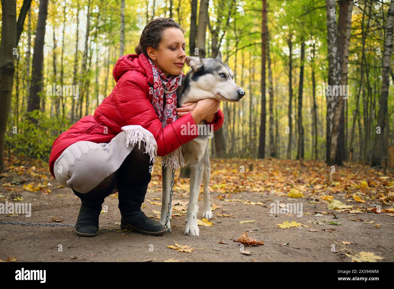 Jolie femme dans les câlins rouges chien Husky dans la forêt d'automne ensoleillée, corps entier Banque D'Images