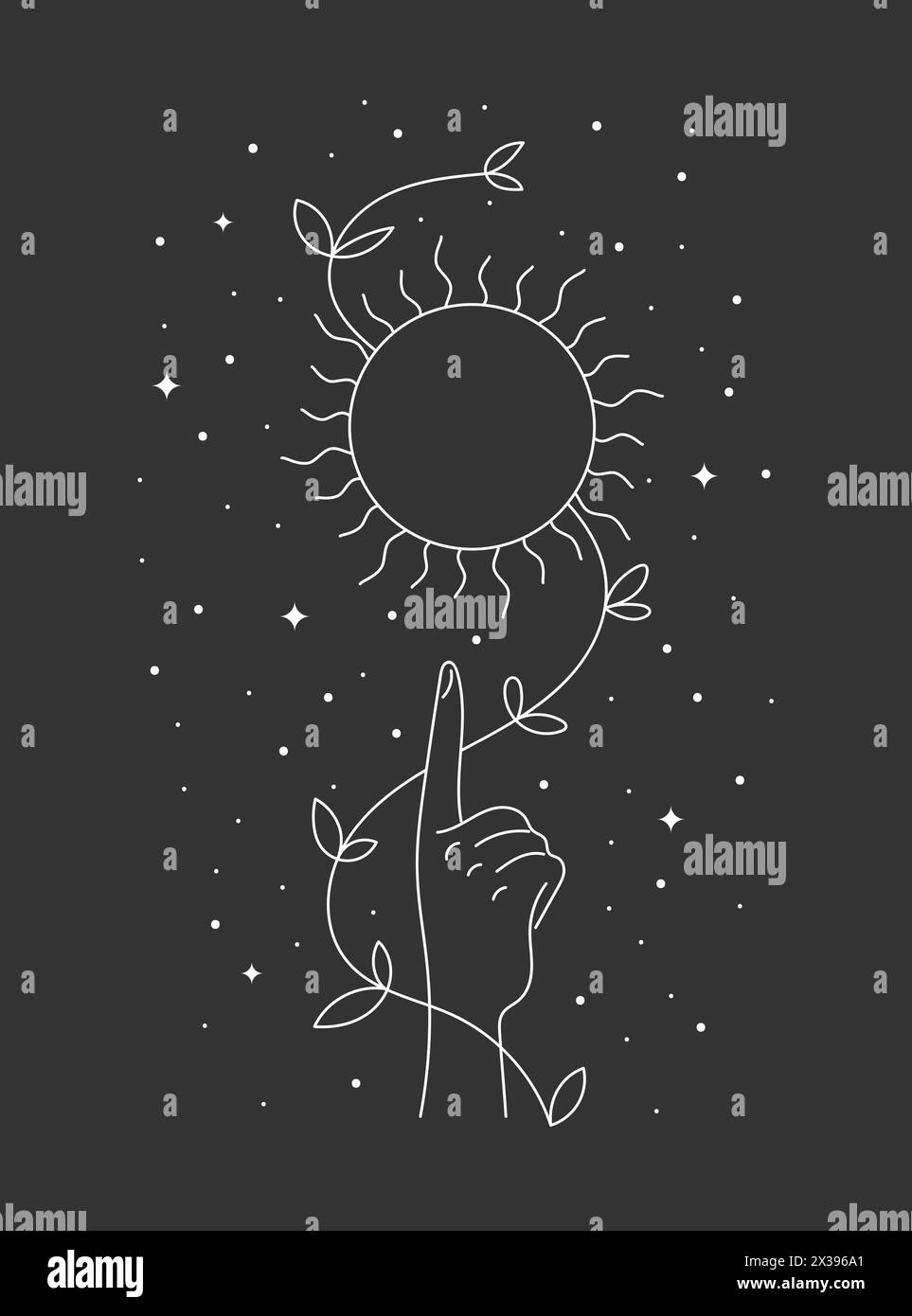 Signe solaire de solstice d'été céleste ésotérique léviter sur la main de la femme avec feuillage. Symbole linéaire de vacances équinoxe mystique. Logo de contour de tatouage de spiritualité. Logotype eps style Boho Summertime Illustration de Vecteur