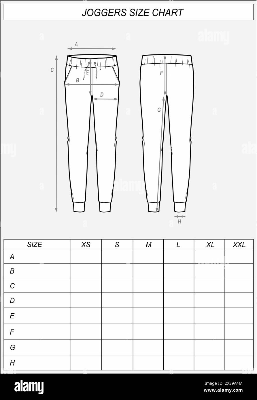 Tableau des tailles de joggers sportifs. Pantalon décontracté croquis avant et arrière. Mesures des vêtements. Maquette CAD homme. Modèle de dessin technique illustration vectorielle. Illustration de Vecteur