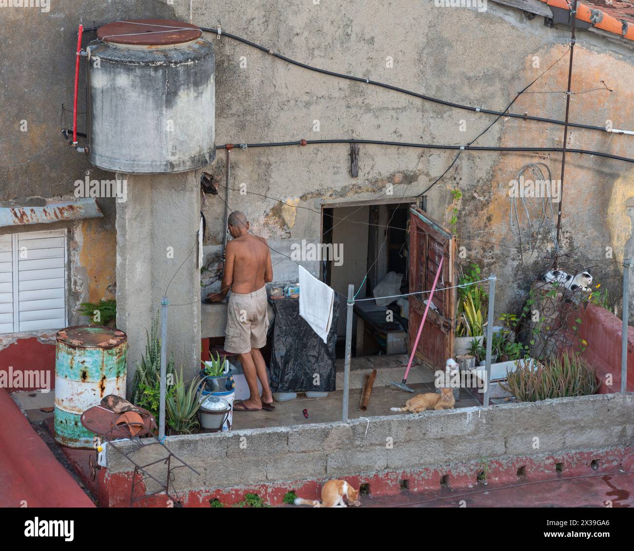 Une cour appauvrie des résidents locaux / jardin sur le toit surplombant un hôtel dans le centre de Cienfuegos, Cuba Banque D'Images
