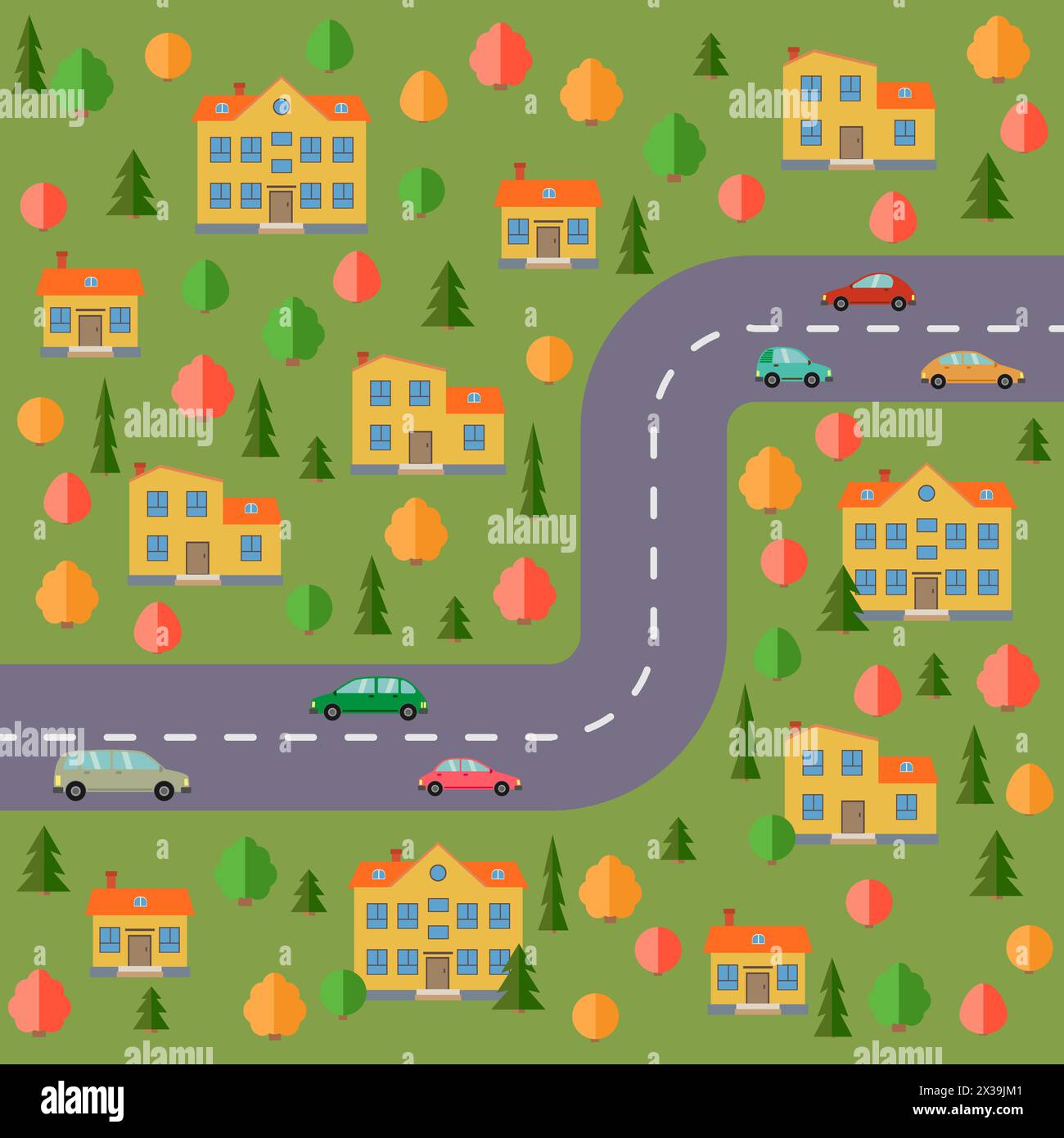 Plan du village. Paysage avec la route, la forêt, les voitures et les maisons. Illustration vectorielle Illustration de Vecteur