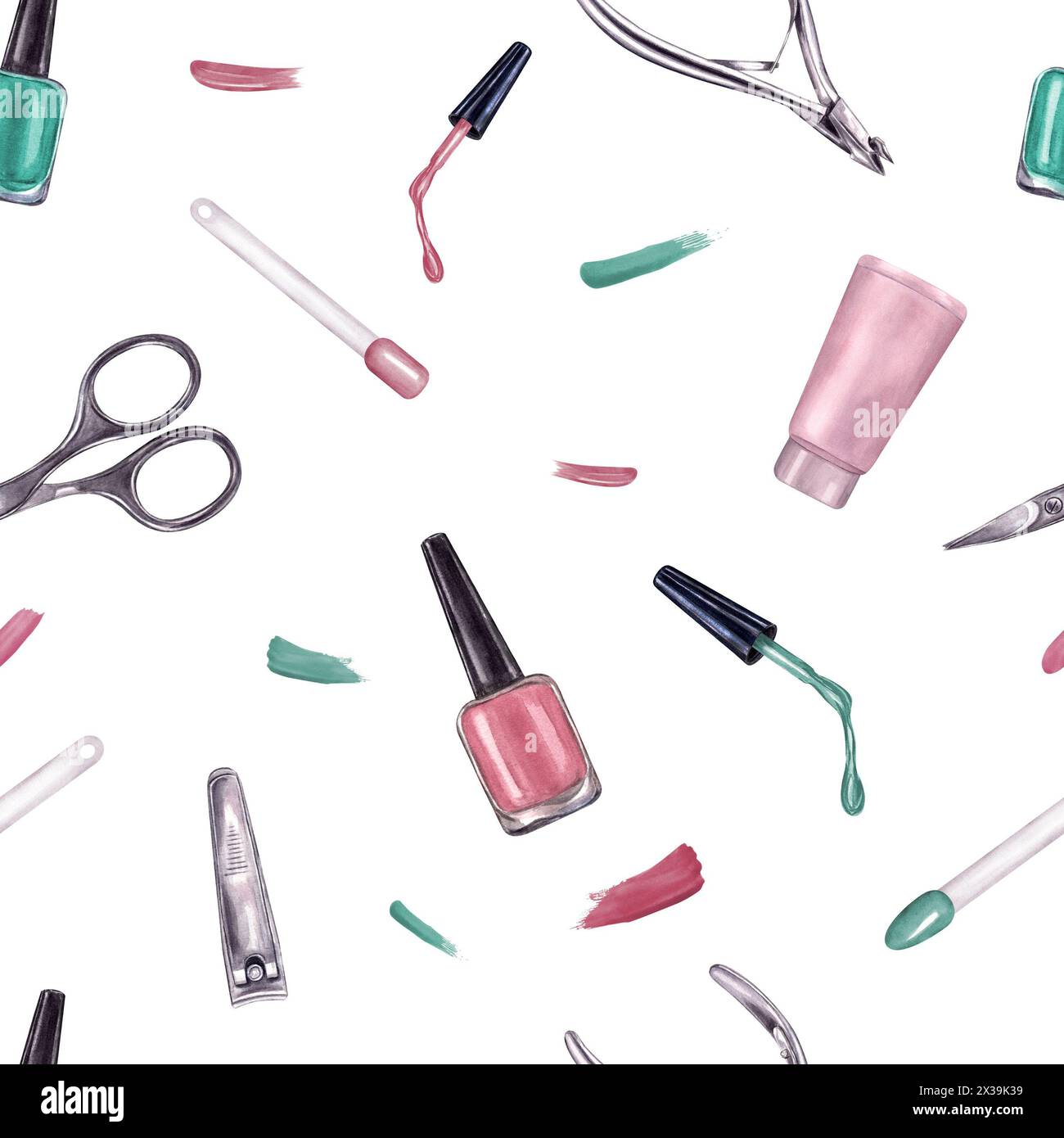 Instruments de manucure avec éclaboussures. Rose des ongles, vernis vert, tondeuse, ciseaux à cuticules, tondeuses pour le traitement des ongles. Motif sans couture. Banque D'Images