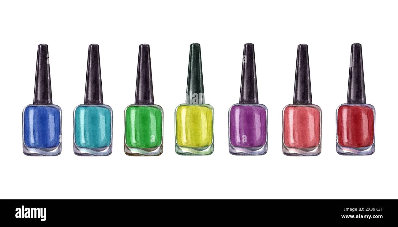 Ensemble multicolore de bouteilles de vernis à ongles. Verre brillant réaliste avec capuchon noir. Bleu, vert, rouge, jaune, rose couleurs. Illustration aquarelle. Banque D'Images