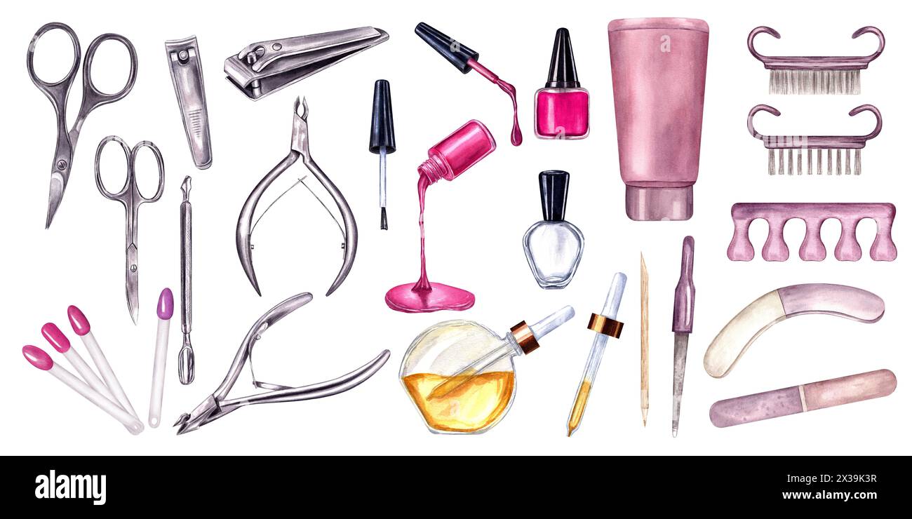Jeu d'outils pour manucure et pédicure. Traitement des ongles. Instruments cosmétiques. Ciseaux. vernis à ongles, couteau, pince, coupe-ongles, lime à ongles. Banque D'Images