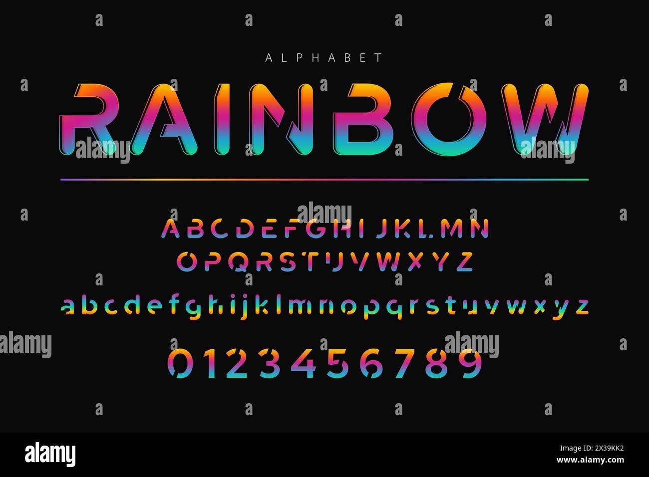 Conception de texte de police de typographie couleur arc-en-ciel avec lettre alphabétique et conception de vecteur de nombre sur fond sombre Illustration de Vecteur