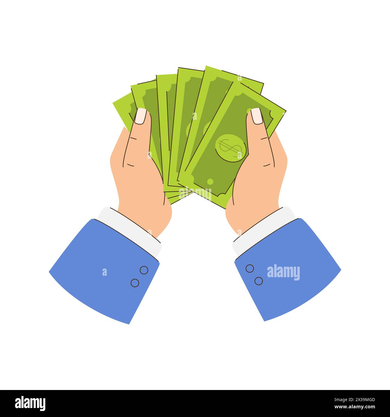 Mains tenant des billets de banque en dollars. La main porte un costume bleu. Un homme tenant de l'argent. Illustration vectorielle plate isolée sur fond blanc. Illustration de Vecteur