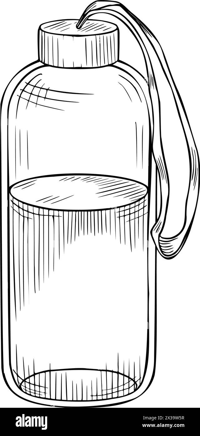 Bouteille d'eau. Illustration vectorielle dessinée à la main d'une boisson dans un verre de sport réutilisable sur un fond isolé. Dessin du pot transparent pour l'icône. Croquis d'équipement de fitness féminin dans un style de contour. Illustration de Vecteur