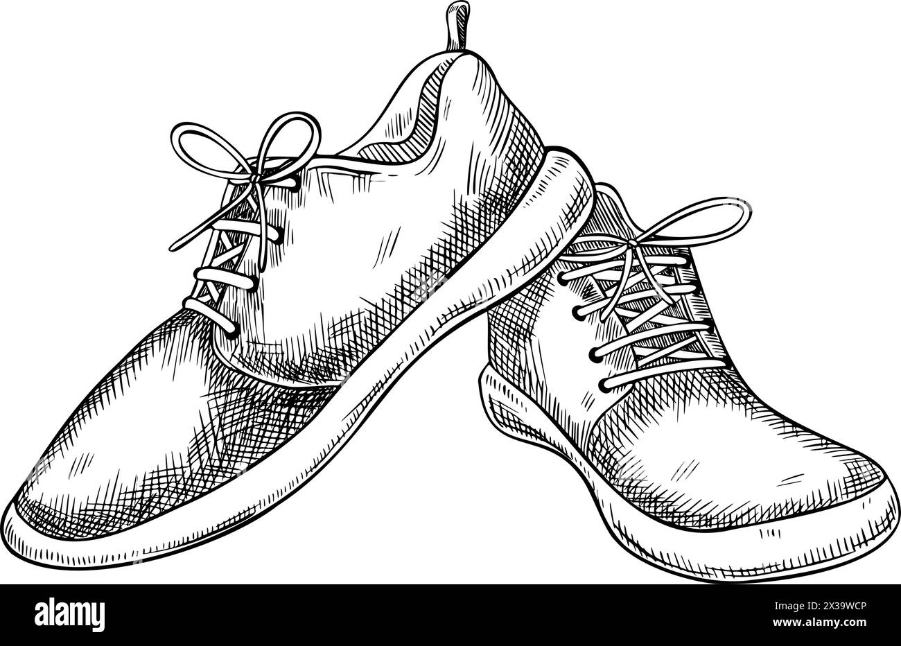 Baskets pour la course à pied et le sport. Illustration vectorielle de chaussures de jogging sur fond isolé. Dessin de baskets pour icône ou dans un style linéaire. Croquis de bottes de tennis pour femmes peintes à l'encre noire. Illustration de Vecteur