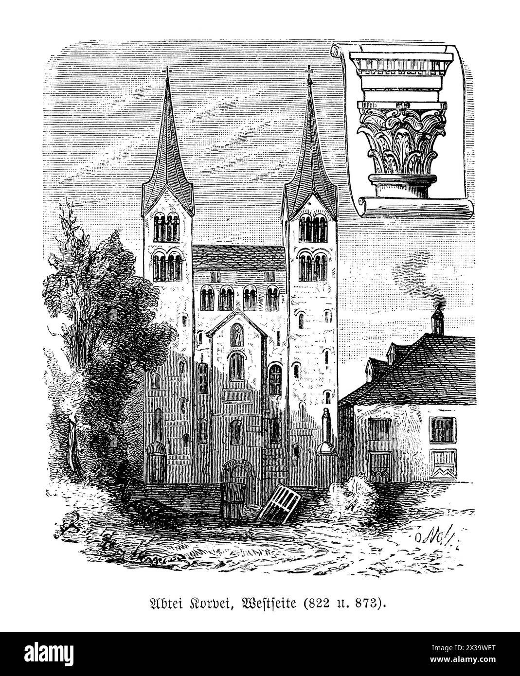 L'abbaye princière de Corvey, située en Rhénanie-du-Nord-Westphalie, en Allemagne, est une ancienne abbaye bénédictine datant du IXe siècle. Il est réputé pour son architecture carolingienne et ses ajouts baroques ultérieurs, présentant un mélange unique de styles. Le westwork de Corvey, avec ses impressionnantes tours jumelles et son intérieur richement décoré, est particulièrement remarquable et a été reconnu comme un site du patrimoine mondial de l'UNESCO. Ce site a non seulement servi de centre religieux important, mais a également joué un rôle crucial dans la christianisation de l'Europe du Nord Banque D'Images