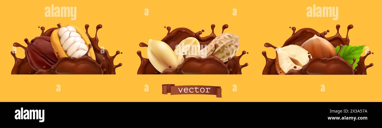 Éclaboussures de chocolat avec cacahuètes, cacao et noisettes. jeu d'icônes vectorielles réalistes 3d. Illustration de Vecteur