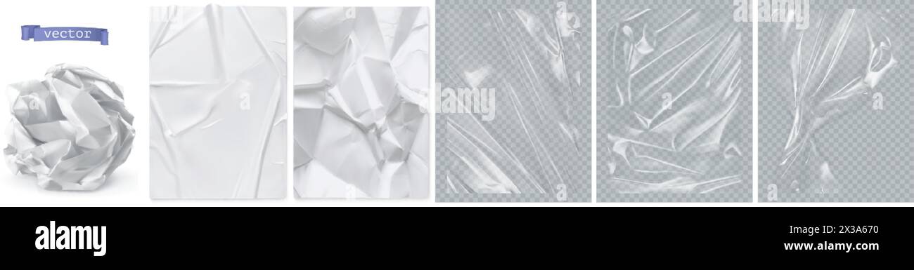 Papier froissé, papier blanc, film plastique transparent. texture vectorielle réaliste 3d. Illustration de Vecteur