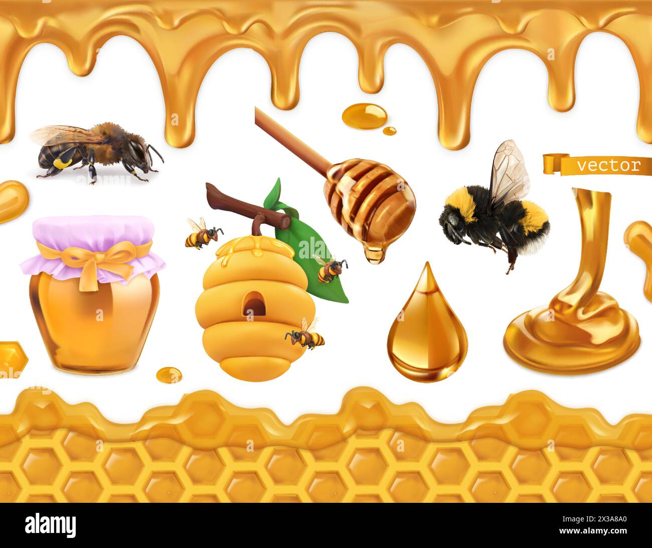 Miel 3d ensemble réaliste. Abeille, ruche, nid d'abeille, goutte, motif sans couture Illustration de Vecteur