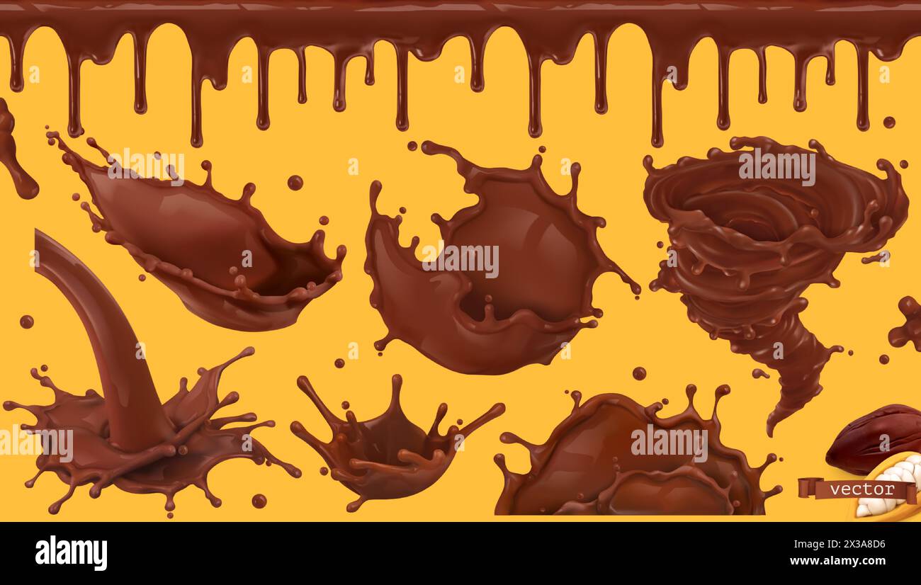 Cacao chaud, chocolat à boire. Éclaboussures et motif sans couture. ensemble réaliste de vecteur 3d. Illustration de Vecteur