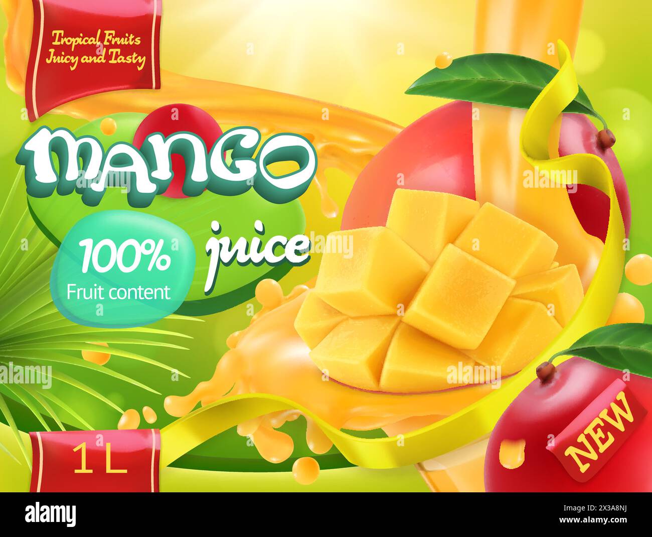 Jus de mangue. Fruits tropicaux sucrés. vecteur réaliste 3d, conception de paquet Illustration de Vecteur