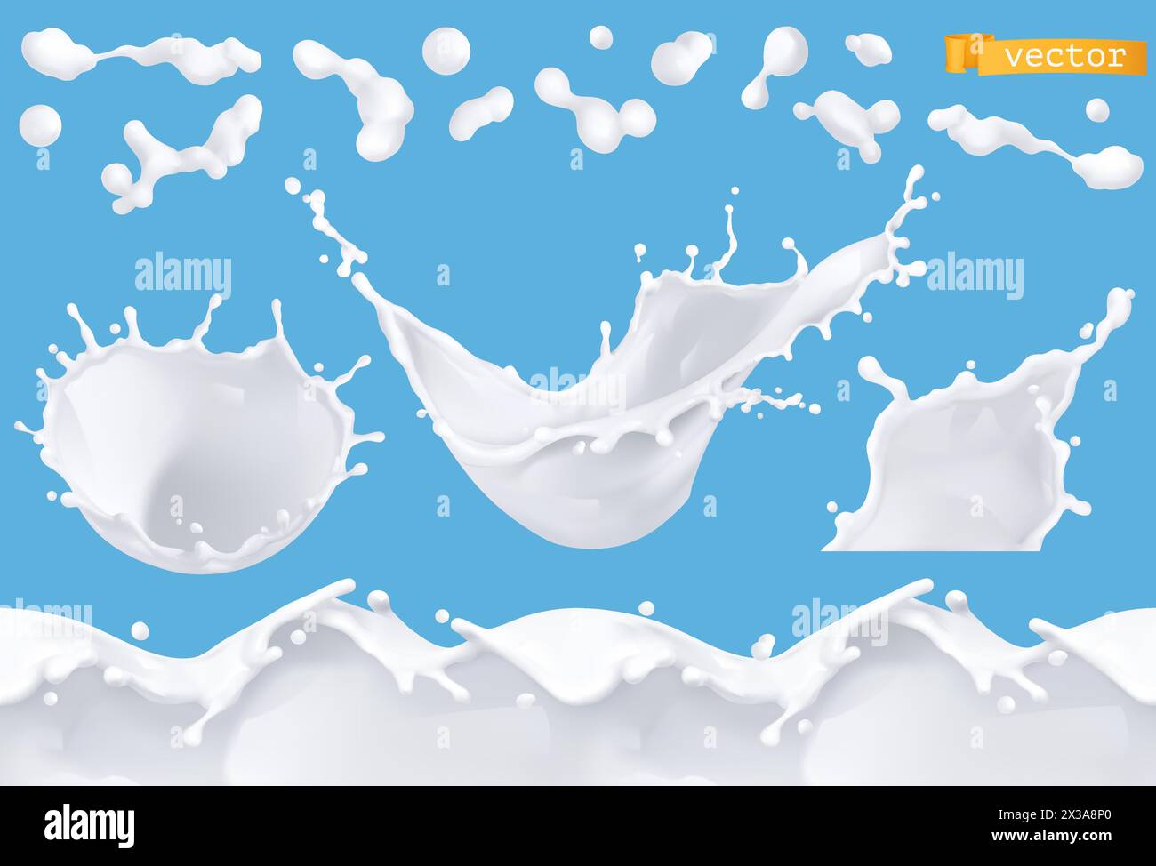 Éclaboussures de lait, gouttes et motif sans couture. jeu de vecteurs réalistes 3d. Illustration de Vecteur
