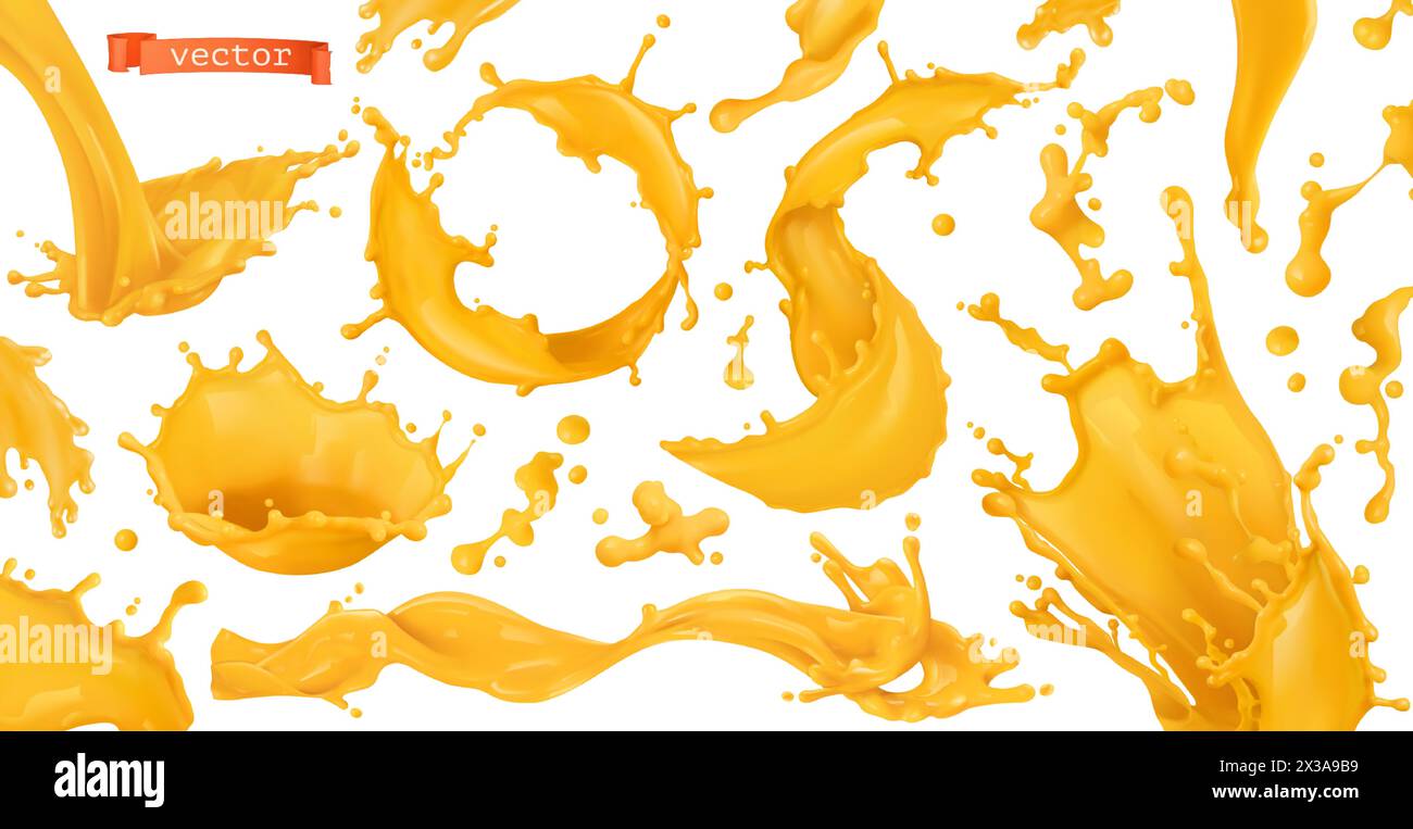 Éclaboussures de peinture orange. Mangue, ananas, jus de papaye. ensemble vectoriel réaliste 3d d'éléments de conception Illustration de Vecteur
