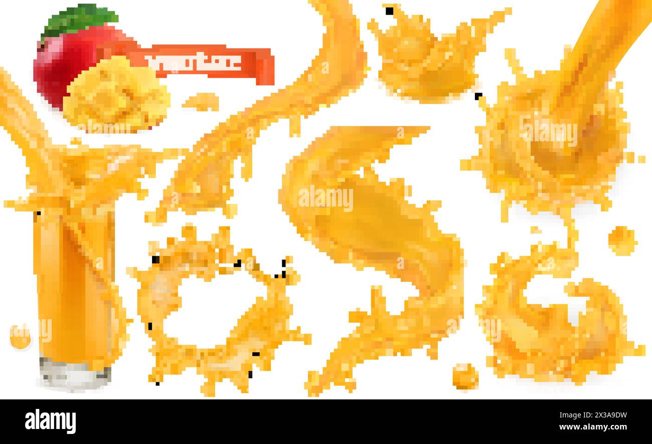 Éclaboussures de peinture orange. Mangue, ananas, jus de papaye. jeu d'icônes vectorielles réalistes 3d. Illustration de Vecteur