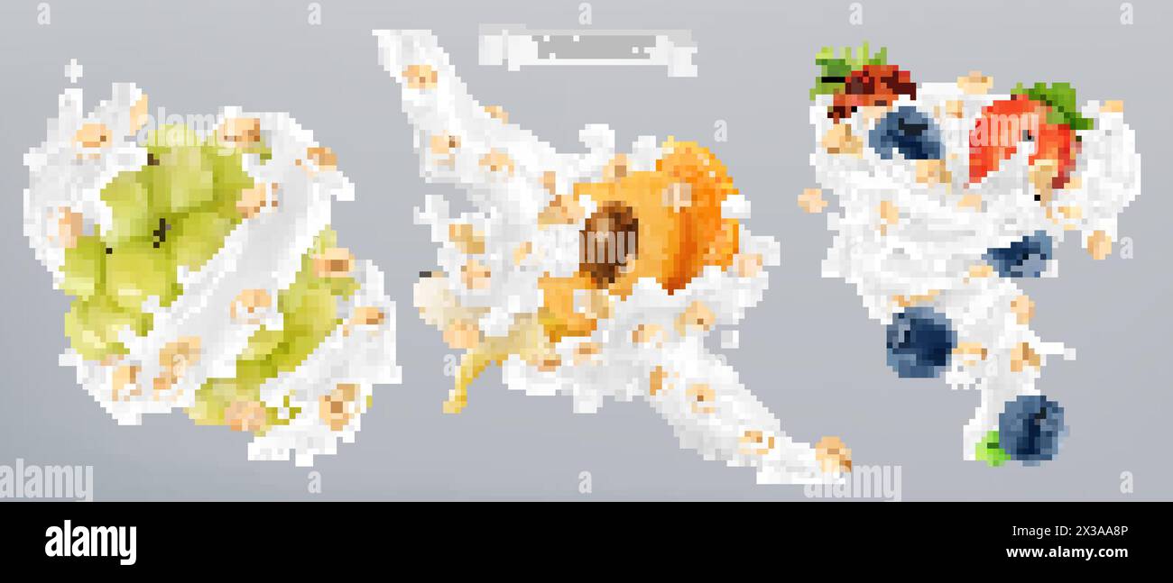 Flocons d'avoine, fruits et éclaboussures de lait. icône vectorielle réaliste 3d. Illustration de Vecteur