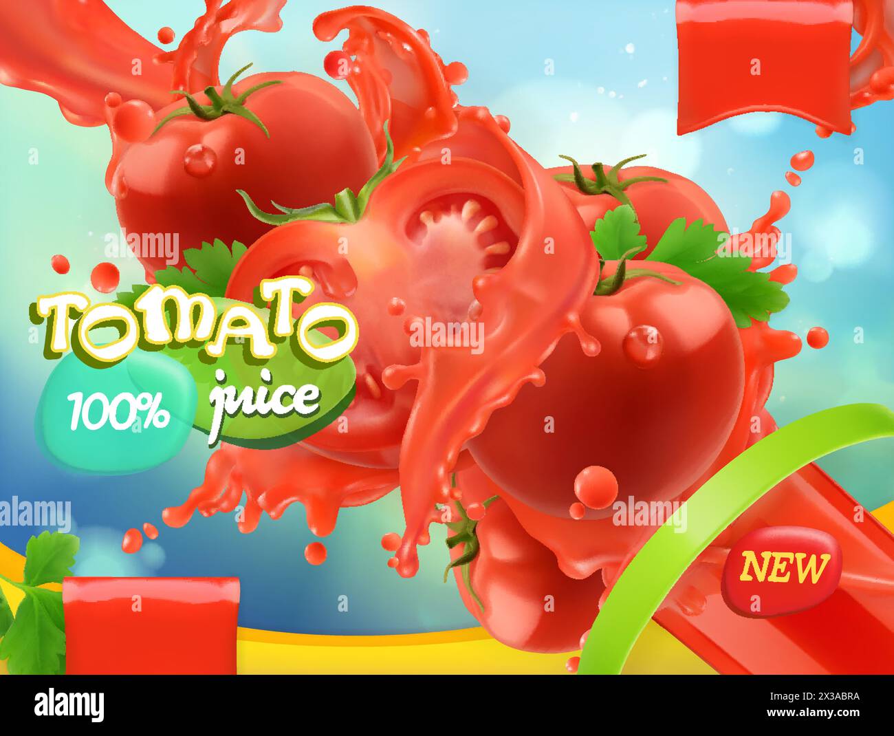Légumes tomates. Éclaboussures de jus. vecteur réaliste 3d, conception de paquet Illustration de Vecteur