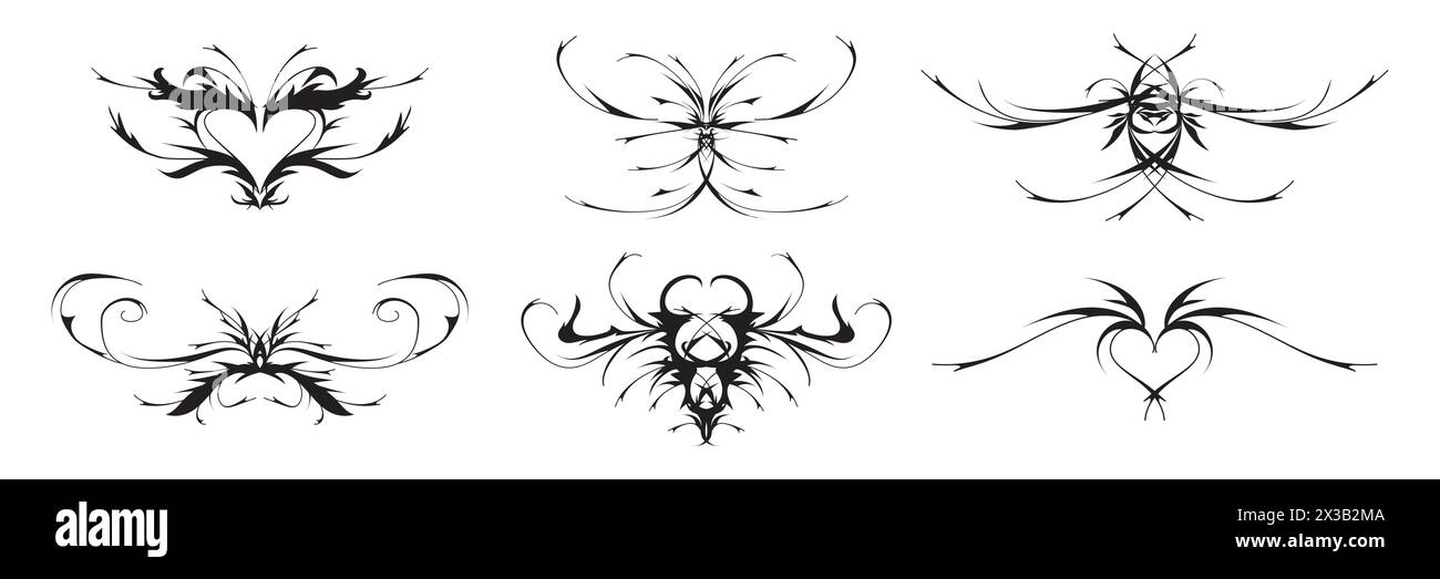 Tatouage néo tribal y2k, forme coeur et papillon, chèvre pentagramme gothique. Stock vecteur illustration cyber sigilisme style ornements dessinés à la main. Illustration de Vecteur