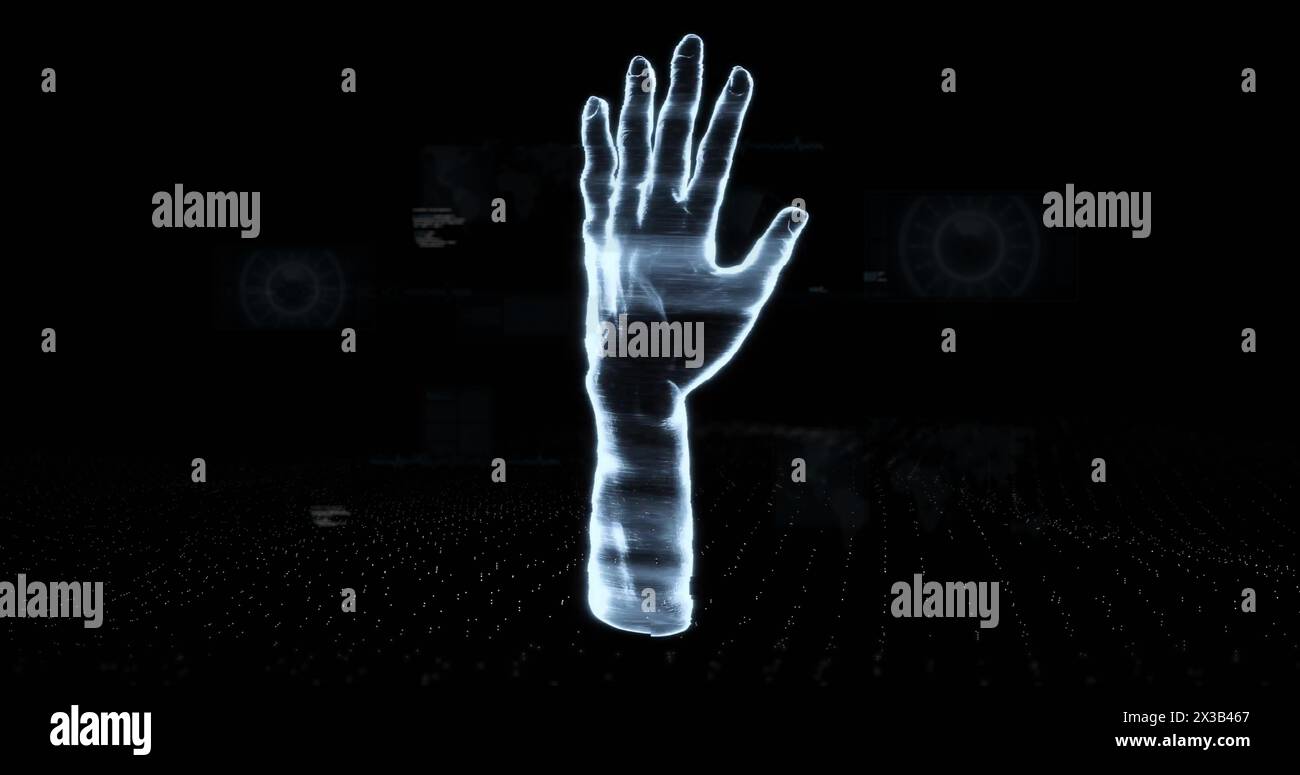 Image du modèle de traitement des données sur main sur fond noir Banque D'Images